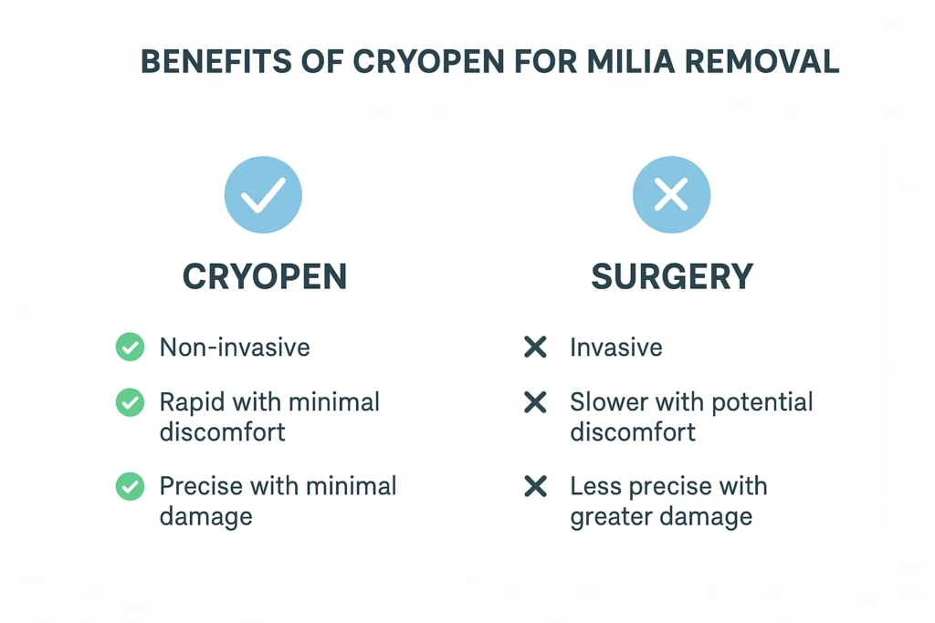 Benefits of cryopen for milia removal Waltham Forest compared to surgical treatments.